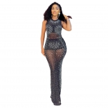 Black Sexy Mesh Rhinestone Slim Fit Wrap Hip Sleeveless Dress Three Piece Set