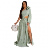 Green Sexy One Shoulder Sleeve Striped Split Maxi Dress