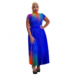 RoyalBlue Round Neck Short Sleeve Printed Women Pleated Long Skirt