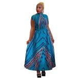 Blue Round Neck Short Sleeve Printed Women Pleated Long Skirt