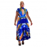 Orange Blue Round Neck Short Sleeve Printed Women Pleated Long Skirt