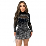 Black Long Sleeve Mesh Rhinestone Bodycon Tassels Mini Dress