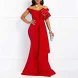 Red Irregular Lace One Line Neck Ruffle Beaded Evening Long Dress