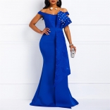 Blue Irregular Lace One Line Neck Ruffle Beaded Evening Long Dress