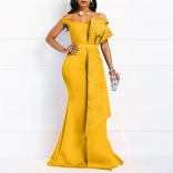 Yellow Irregular Lace One Line Neck Ruffle Beaded Evening Long Dress