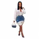 White Long Sleeve Skirt Jeans Pant Set Dress