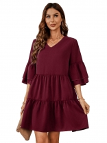 Red Fashion V-neck Women Loose Fitting Skirt Dress