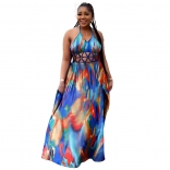 Blue Strap Printed Bandage Sexy Women Maxi Dress