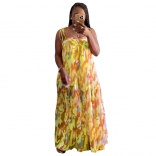 Yellow Printed Drawstring Pleated Fashion Women Long Dress