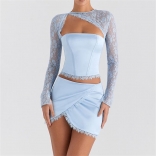 Blue Lace Patchwork Long Sleeve Sexy Women Mini Dress