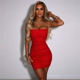 Red Strap One Line Neck Low cut Dress Diamonds Nightclub Bodycon Mini Dress