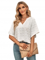 White Women's Casual V-neck Applique Solid Color Top