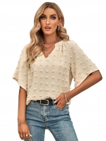 Beige Women's Casual V-neck Applique Solid Color Top