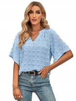 Blue Women's Casual V-neck Applique Solid Color Top