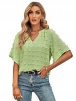 LightGreen Women's Casual V-neck Applique Solid Color Top