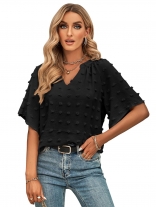 Black Women's Casual V-neck Applique Solid Color Top