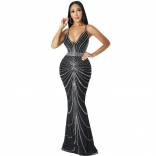 Black Sleeveless Straps Deep V-Neck Mesh Rhinestone Women Long Dress