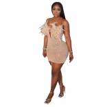 Beige Sexy Feather Diamonds Pearl Tight Wrap Hip Bodycon Mini Dress