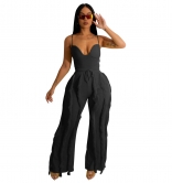 Black Halter V-Neck Low-Cut Tassels Fashion Women Jumpsuit Sets