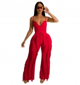 Red Halter V-Neck Low-Cut Tassels Fashion Women Jumpsuit Sets