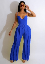 Blue Halter V-Neck Low-Cut Tassels Fashion Women Jumpsuit Sets