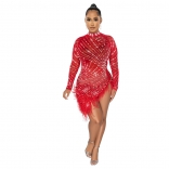 Red O-Neck Mesh Long Sleeve Rhinestone Bodycon Mini Dress