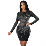 Black Round Neck Long Sleeve Hot Diamond Wrap Hip A-line Sexy Perspective Dress