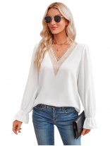 Long Sleeve Deep V-Neck Lace Hollow-out Sexy Women Tops