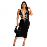 Black Women Fashion Handmade Hooked Butterfly Top Knitted Fringe Midi Dress