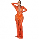 Orange Hollow-out Deep V-Neck Diamonds Bodycon Printed Sexy Club Bandage Evening Long Dress