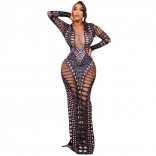 Black Hollow-out Deep V-Neck Diamonds Bodycon Printed Sexy Club Bandage Evening Long Dress