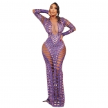 Purple Hollow-out Deep V-Neck Diamonds Bodycon Printed Sexy Club Bandage Evening Long Dress