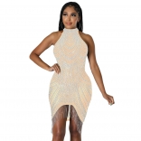 Khaki Solid Color Diamond Sleeveless Hanging Neck Short Mesh Bodycon Party Dress