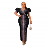 Black Women's Diamonds Bubble Sleeve Elastic V-Neck EveningLong Dress