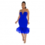 Blue Off-Shoulder V-Neck Solid Color Mesh Women Midi Skirt Dress