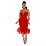 Red Off-Shoulder V-Neck Solid Color Mesh Women Midi Skirt Dress