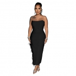 Black Off-Shoulder Boat Neck Feather Split Sexy Bodycon Midi Dress