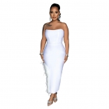 White Off-Shoulder Boat Neck Feather Split Sexy Bodycon Midi Dress