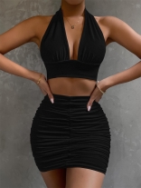 Black Deep V-Neck Halter Neck Bodycon Pleated Two Piece Sexy Party Mini Dress