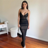 Black Halter Low Cut V Neck Mesh Sexy Split Women Evening Long Dress