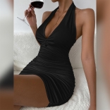 Black Sleeveless Deep V Neck Halter Pleated Bodycon Mini Dress