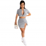 Gray Button V Neck Strips Solid Bodycon Fashion Sexy Split Pant Sets