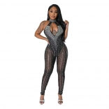 Black Halter Neck Deep V Neck Slim Fit Mesh Rhinestone Bodycon Sexy Jumpsuit