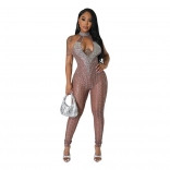 Khaki Halter Neck Deep V Neck Slim Fit Mesh Rhinestone Bodycon Sexy Jumpsuit