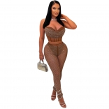 Khaki Low Cut Halter Straps Two Piece Mesh Rhinestone Slim Fit Sexy Jumpsuit