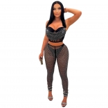 Black Low Cut Halter Straps Two Piece Mesh Rhinestone Slim Fit Sexy Jumpsuit