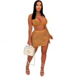 Khaki Women's Sexy Jacquard Hollow Out Knitted Beach Skirt Fashion Short Dress Sets