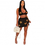 Black Women's Sexy Jacquard Hollow Out Knitted Beach Skirt Fashion Short Dress Sets