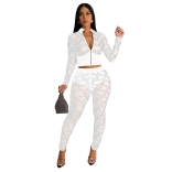 White Long Sleeve Zipper Sexy Tops Mesh Rhinestone Women's Two Piece Set Slim Fit Sexy Jumpsuit