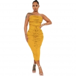 Yellow Sexy Striped Cotton Strapless Party Women Bandage Dress Two Piece Set